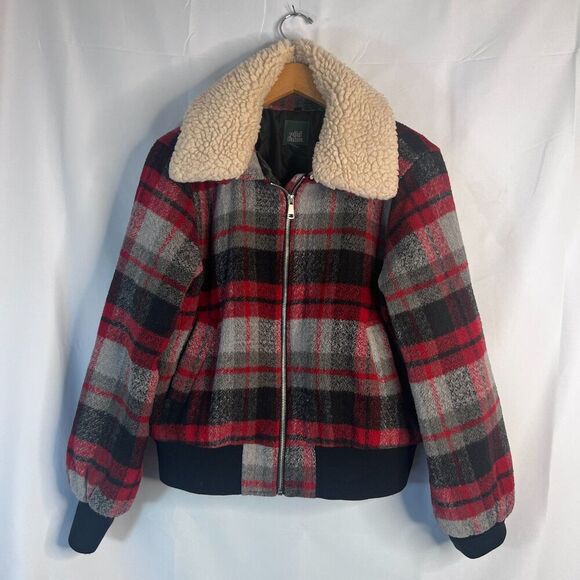 Wild Fable Buffalo Red Plaid Faux Fur Collar Preppy Zip Up Wool Blend Jacket MD - Picture 12 of 12